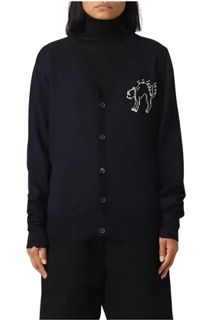 Maison Margiela Femme, Pulls, Bleu, Taille: 36 FR Cardigan en laine avec broderie de chat