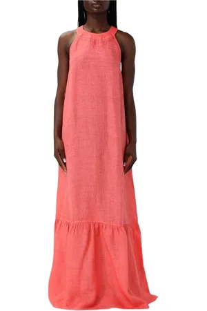 120% Lino Femme, Robes, Rouge, Taille: 36 FR Robe Longue en Lin Élégante avec Jupe à Volants