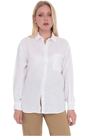 Woolrich Femme, Blouses et Chemises, Blanc, Taille: 38 FR Chemisier oversize en lin avec languette logo