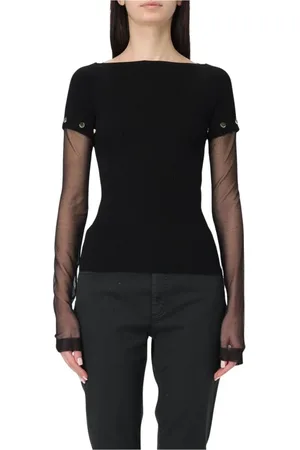 Sportmax Femme, Pulls, Noir, Taille: 42 FR Haut en Tricot Côtelé avec Manches en Maille Transparente