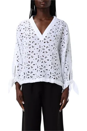 120% Lino Femme, Blouses et Chemises, Blanc, Taille: 40 FR Chemisier brodé avec poignets à nouer