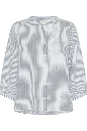 Part Two Femme, Blouses et Chemises, Bleu, Taille: 48 FR Chemisier en lin rayé avec col mandarin