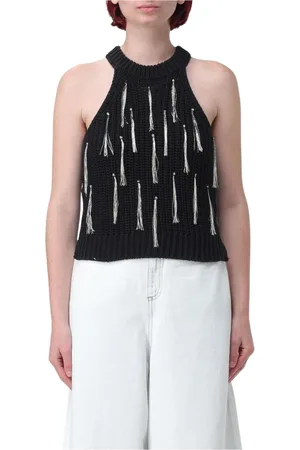 ALYSI Femme, Pulls, Noir, Taille: 40 FR Haut Noir en Tricot avec Pompons