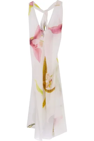 GENNY Femme, Robes, Blanc, Taille: 38 FR Robe Longue en Coton Imprimé Orchidées