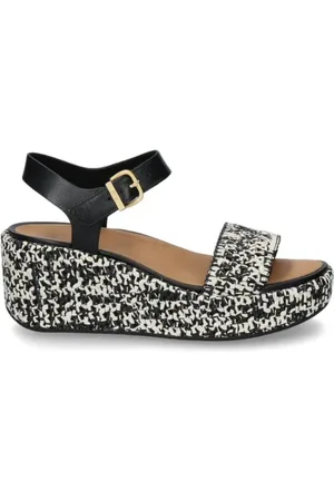 FitFlop Femme, Chaussures, Multicolore, Taille: 37 EU Sandalette compensée noire en cuir et raphia synthétique tissé