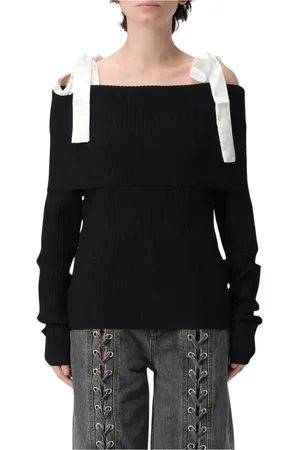 ROTATE Femme, Pulls, Noir, Taille: 36 FR Pull Noir à Côtes Épaules Dénudées