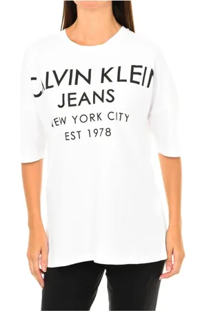 Calvin Klein Femme, Tops, Blanc, Taille: 38 FR T-shirt à manches courtes avec finition côtelée