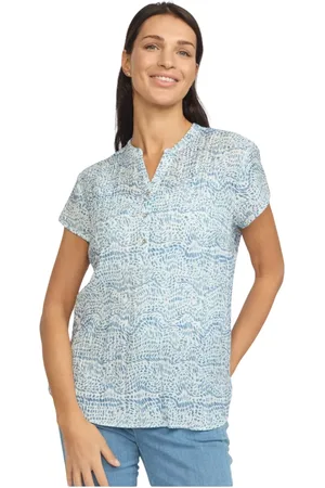 2-Biz Femme, Blouses et Chemises, Bleu, Taille: 46 FR Chemisier Bleu avec Col en V et Manches Courtes