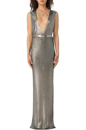 Elisabetta Franchi Femme, Robes, Gris, Taille: 40 FR Robe Maxi Métallique Élégante Col en V Profond