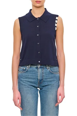 Thom Browne Femme, Vestes, Bleu, Taille: 38 FR Gilet Sans Manches en Tricot Bleu à Col
