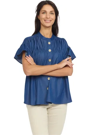 2-Biz Femme, Blouses et Chemises, Bleu, Taille: 46 FR Chemisier en Denim Bleu avec Manches à Volants