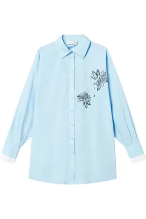 Twin-Set Femme, Blouses et Chemises, Bleu, Taille: 42 FR Chemise Bleu Clair Brodée de Fleurs en Coton