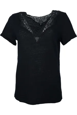 HUGO BOSS Femme, Blouses et Chemises, Noir, Taille: 42 FR T-shirt en lin avec détails en dentelle