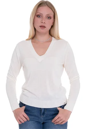 Peuterey Femme, Pulls, Blanc, Taille: 44 FR Pull à col en V en tricot côtelé avec logo