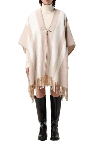 FAY Femme, Vestes, Blanc, Taille: ONE Size Poncho en laine à rayures avec franges