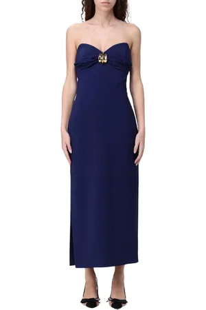 Elisabetta Franchi Femme, Robes, Bleu, Taille: 42 FR Robe Midi sans Bretelles Noire avec Fente Latérale