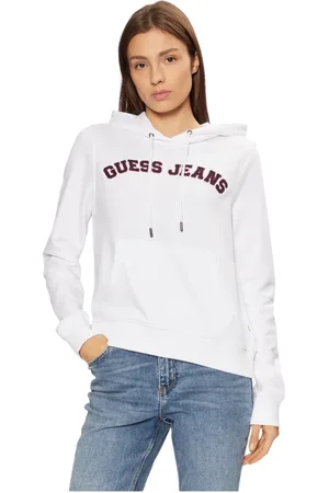 Guess Femme, Sweatshirts et sweats à capuche, Blanc, Taille: 42 FR Sweat à Capuche en Maille Élastique avec Poche Kangourou