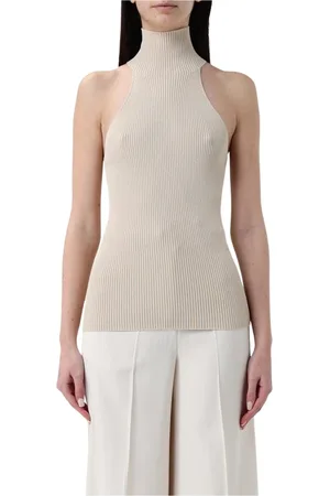LIVIANA CONTI Femme, Pulls, , Taille: 40 FR Haut Blanc Côtelé Sans Manches à Col Montant