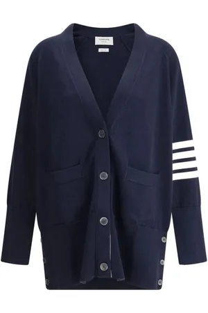 Thom Browne Femme, Pulls, Bleu, Taille: 38 FR Cardigan Oversize à Rayures avec Col en V