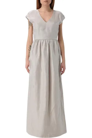 Emporio Armani Femme, Robes, Gris, Taille: 38 FR Robe Élégante Col en V Manches Courtes