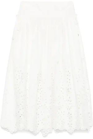 Self-Portrait Femme, Jupes, Blanc, Taille: 38 FR Jupe Midi Blanche avec Broderie Feuilles