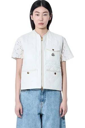 Moncler Femme, Vestes, , Taille: 40 FR Gilet Matelassé en Lin avec Patch Logo