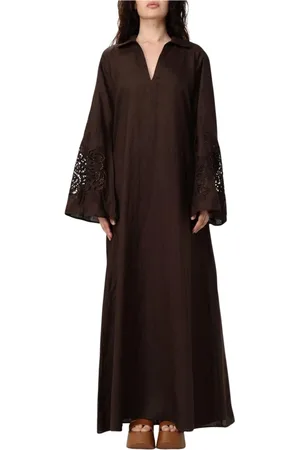 Max Mara Femme, Robes, Brun, Taille: 36 FR Robe Longue en Lin Élégante en Dentelle