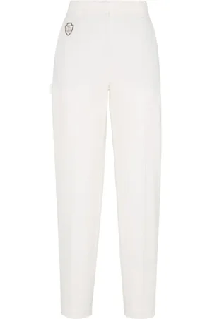 Brunello Cucinelli Femme, Pantalons, Blanc, Taille: 38 FR Pantalon Blanc avec Logo Patch