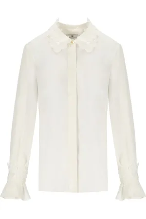 Elisabetta Franchi Femme, Blouses et Chemises, , Taille: 42 FR Chemise en Georgette Ivoire Brodée de Fleurs