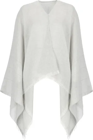 PESERICO SIGN Femme, Vestes, Gris, Taille: ONE Size Poncho Gris en Lin et Coton avec Franges