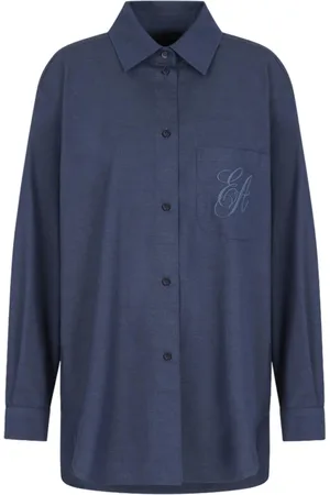 Emporio Armani Femme, Blouses et Chemises, Bleu, Taille: 38 FR Chemise Classique à Boutons avec Broderie Logo