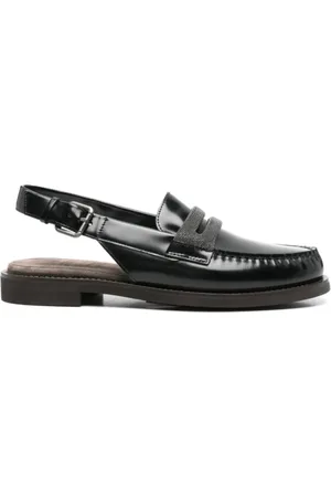 Brunello Cucinelli Femme, Chaussures, Noir, Taille: 38 1/2 EU Mocassins slingback en cuir noir avec détail de chaîne