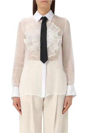 Elisabetta Franchi Femme, Blouses et Chemises, Blanc, Taille: 42 FR Chemisier en Soie Blanc avec Détail à Volants