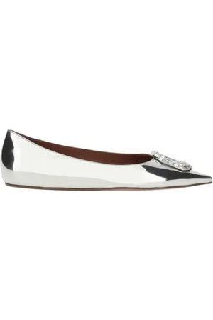 Amina Muaddi Femme, Chaussures, Gris, Taille: 36 EU Ballerines en Cuir Miroir avec Ornement en Strass
