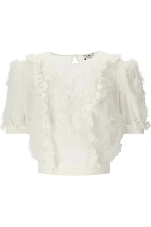Elisabetta Franchi Femme, Blouses et Chemises, , Taille: 42 FR Haut à Volants Ivoire avec Perles Florales