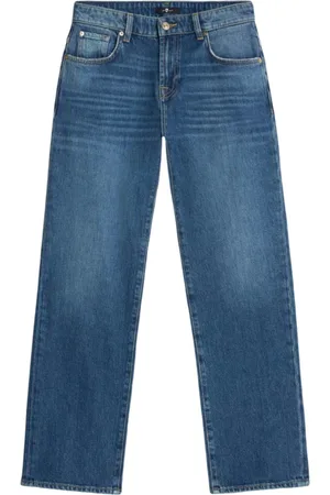 7 for all Mankind Femme, Jeans, Bleu, Taille: W28 Jean Bleu Droit Boutonnière Design