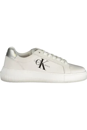 Calvin Klein Femme, Chaussures, Blanc, Taille: 39 EU Baskets blanches en polyester avec lacets, détails contrastés, impression, logo