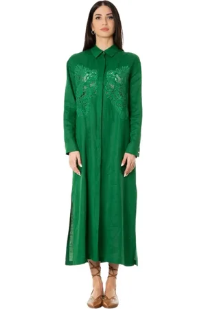 Max Mara Femme, Robes, Vert, Taille: 42 FR Robe en lin vert émeraude - Col chemise