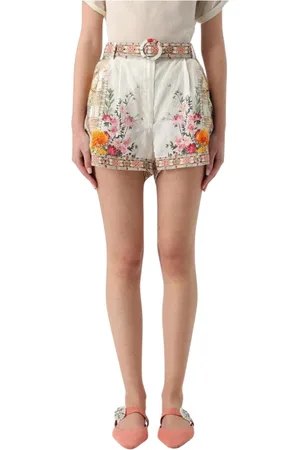 Camilla Femme, Shorts, Multicolore, Taille: 40 FR Short en lin blanc à imprimé floral avec ceinture