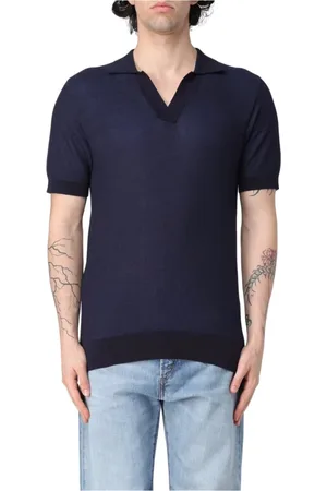 Paolo Pecora Homme, Tops, Bleu, Taille: L Polo de Luxe en Soie et Coton Col Bowling