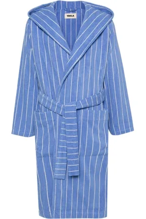Tekla Femme, Vêtements de nuit et de détente, Bleu, Taille: 42 FR Peignoir en coton rayé avec capuche