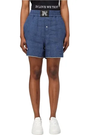 Palm Angels Femme, Shorts, Bleu, Taille: 36 FR Shorts en Lin Décontractés avec Fermeture Bouton