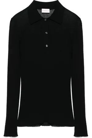 Moncler Femme, Tops, Noir, Taille: 40 FR Polo Tricoté Noir Logo Patch Manche