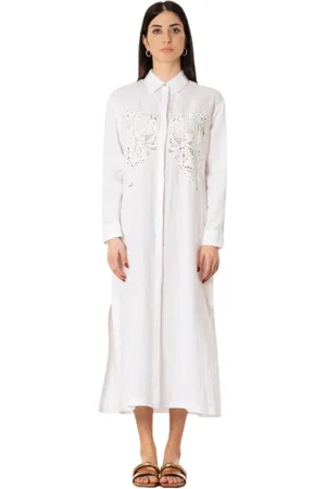 Max Mara Femme, Robes, Blanc, Taille: 42 FR Robe en lin blanc avec col chemisier