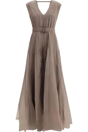 Brunello Cucinelli Femme, Robes, Brun, Taille: 40 FR Élégante robe longue en soie avec jupe plissée