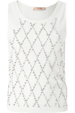 Twin-Set Femme, Tops, Blanc, Taille: 42 FR Haut Blanc sans Manches en Coton avec Motif Losanges