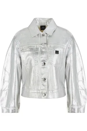 Armani Exchange Femme, Vestes, Gris, Taille: 42 FR Veste en Jean Courte Argent