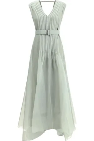 Brunello Cucinelli Femme, Robes, Vert, Taille: 40 FR Élégante Robe Longue en Soie avec Jupe Plissée