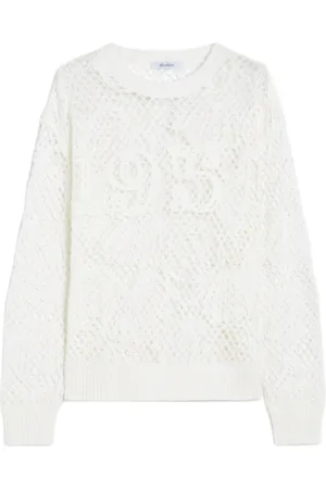Max Mara Femme, Pulls, Blanc, Taille: 38 FR Pull Blanc Col Ras du Cou Motif Placé