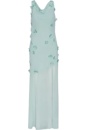 ROTATE Femme, Robes, Bleu, Taille: 38 FR Robe Maxi Bleue avec Col Halter et Détails Floraux